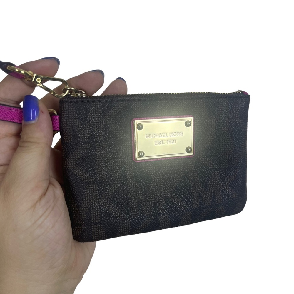 Michael Kors Jet Set Signature Monogram Small Wristlet Wallet Brown Gold Magenta